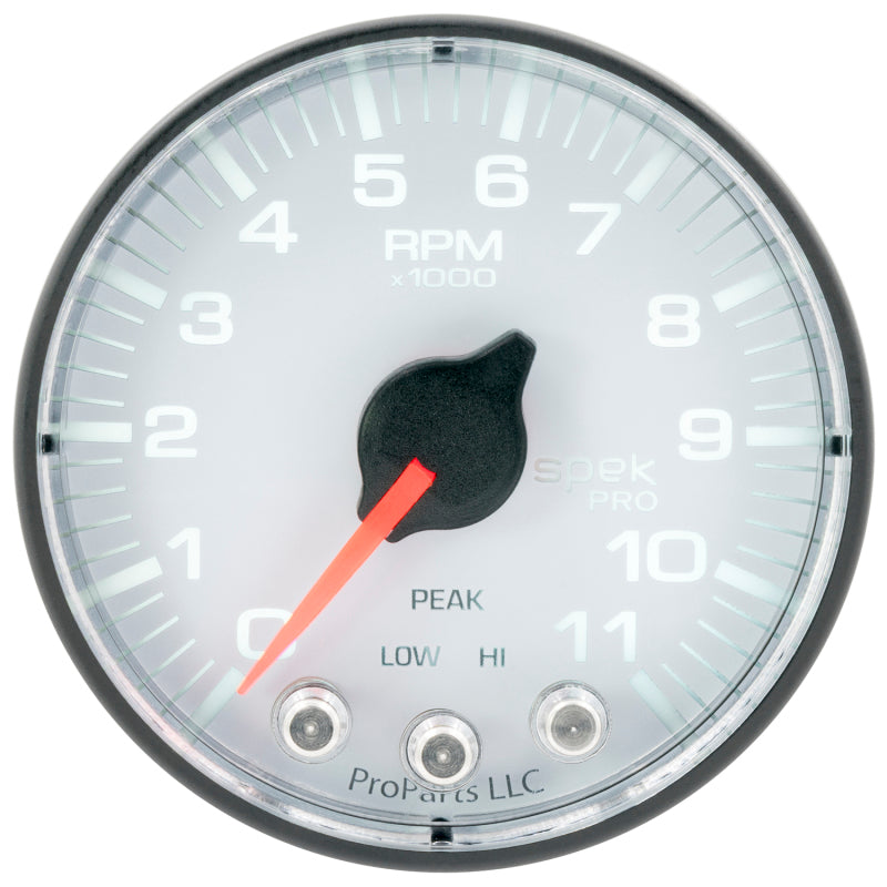 Autometer Spek-Pro Gauge Tach 2 1/16in 11K Rpm W/ Shift Light & Peak Mem Wht/Blk