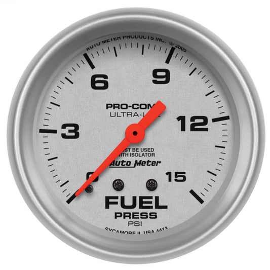 AutoMeter Gauge Fuel Pressure 2-5/8in. 15PSI Mechanical W/Isolator Ultra-Lite