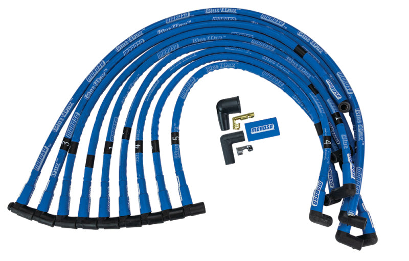 Moroso Chevrolet Small Block Ignition Wire Set - Blue Max - Spiral Core - Sleeved - HEI - 90 Degree