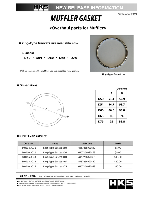 HKS Muffler Gasket 54.7mm ID 62.7mm OD