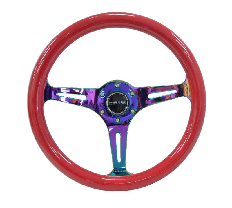 NRG Classic Wood Grain Steering Wheel (350mm) Red Grip w/Neochrome 3-Spoke Center