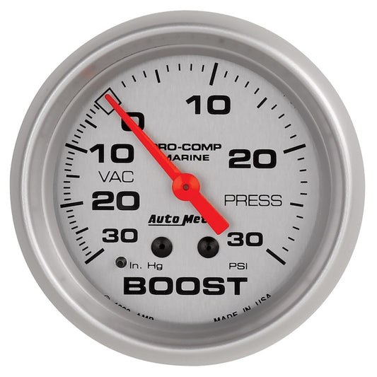 AutoMeter Marine Vac/Boost Gauge 2 5/8in  30INHG 30PSI Mechanical- Silver