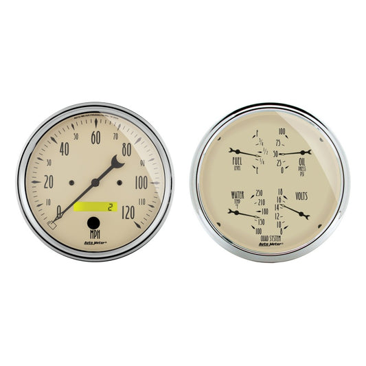 Autometer 5 inch Antique Beige 2 Piece Gauge Kit - Quad & Speedometer