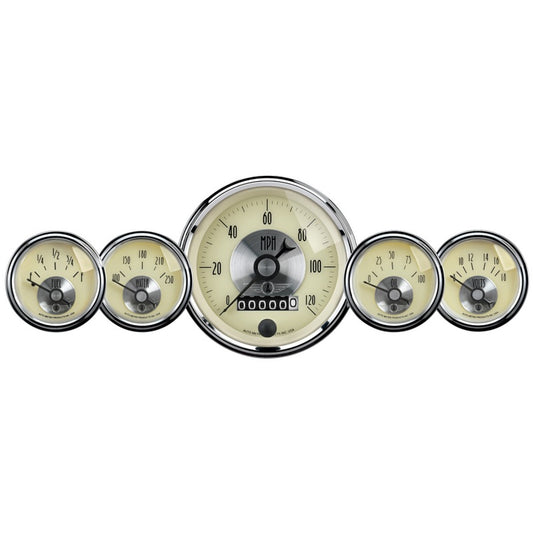 AutoMeter Gauge Kit 5 Pc 3-3/8in. & 2-1/16in. Elec Speedo W/Wheel Odo Prestige Antq. Ivory