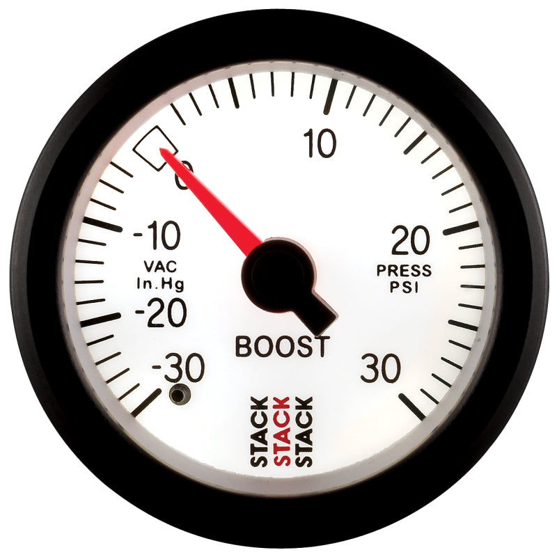 Autometer Stack 52mm -30INHG to +30 PSI (Incl T-Fitting) Mechanical Boost Pressure Gauge - White