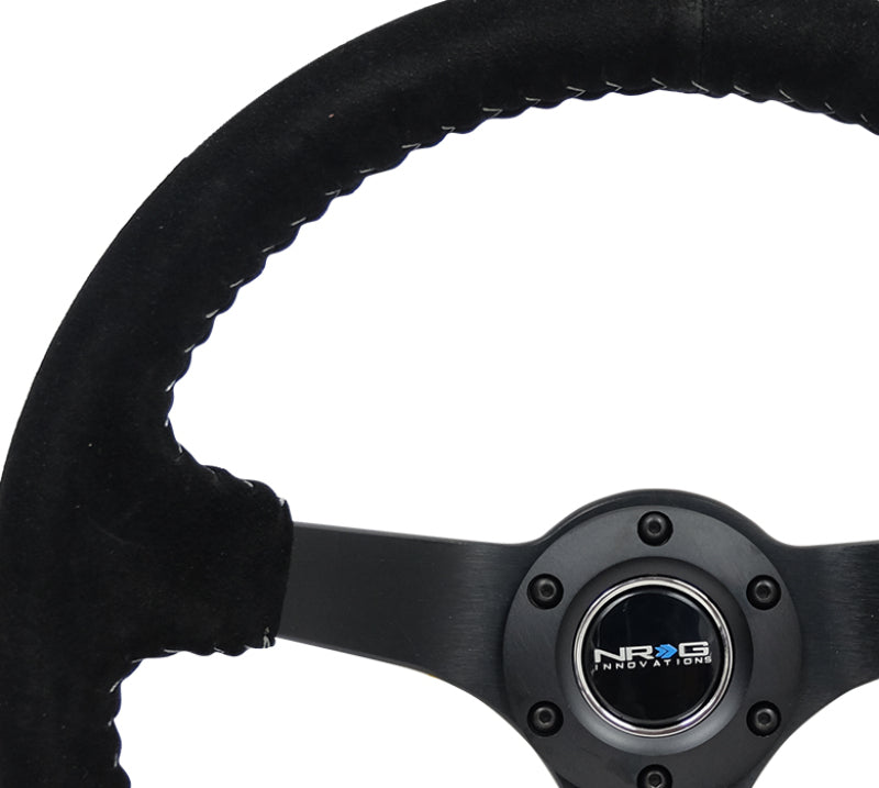 NRG Reinforced Steering Wheel (350mm / 3in. Deep) Blk Suede/Silver BBall Stitch w/5mm Mt. Blk Spokes