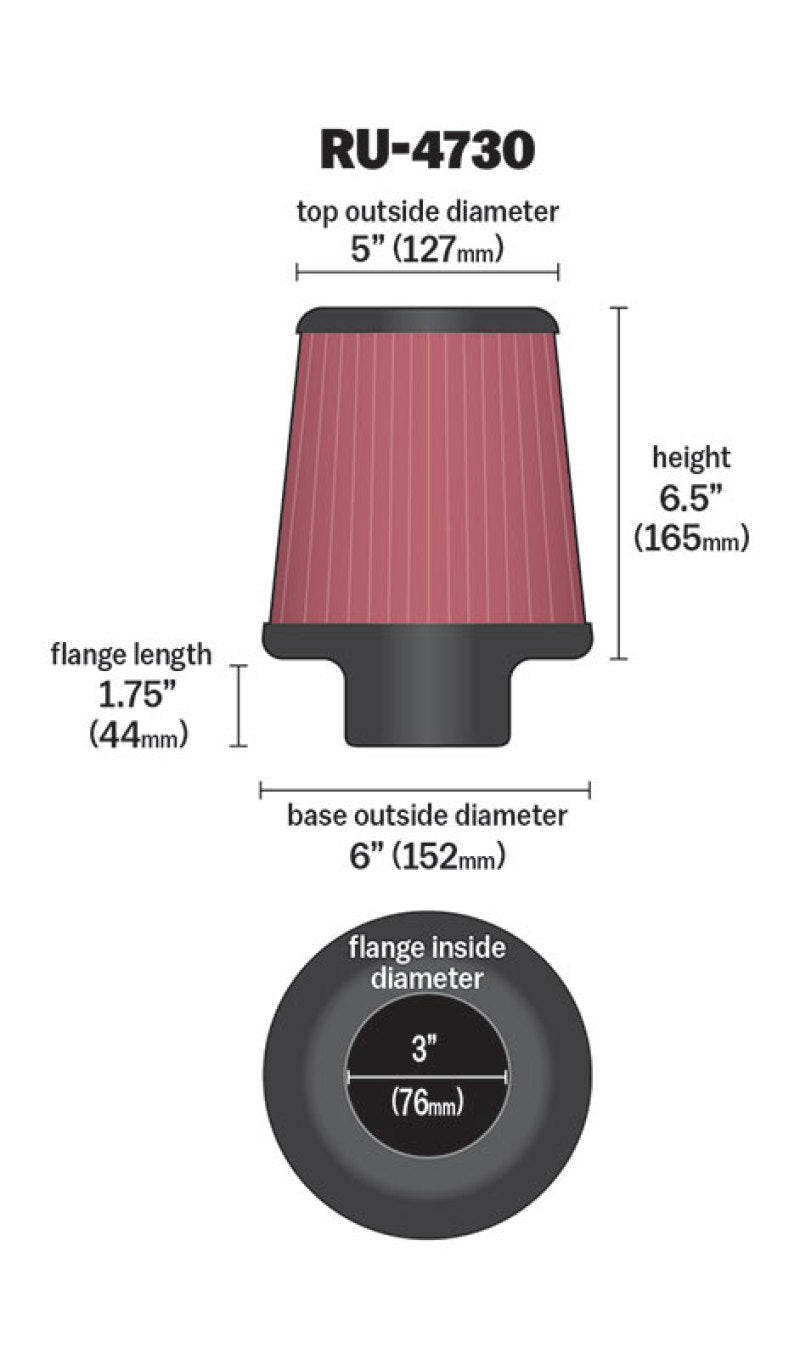 K&N Filter 3 inch Flange 6 inch Base 5 Top 6 1/2 inch Height