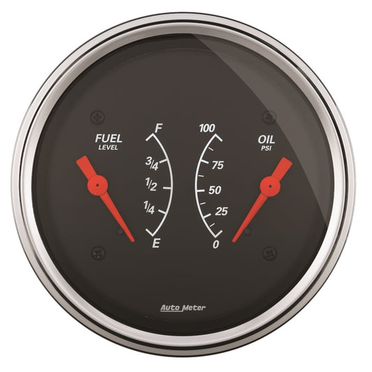 AutoMeter Gauge Dual Fuel & Oilp 3-3/8in. 0 Ohm(e) to 90 Ohm(f)& 100PSI Elec Designer Black