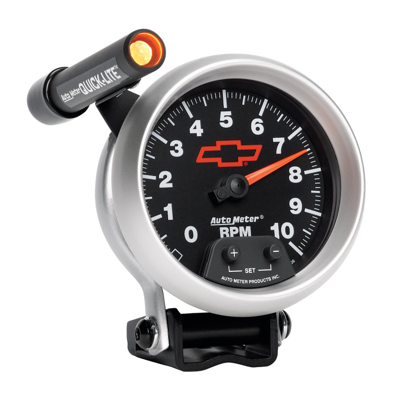 Autometer GM Red Bowtie Black 3-3/4in 0-10000 RPM Pedestal Mount Tachometer Quick-Lite