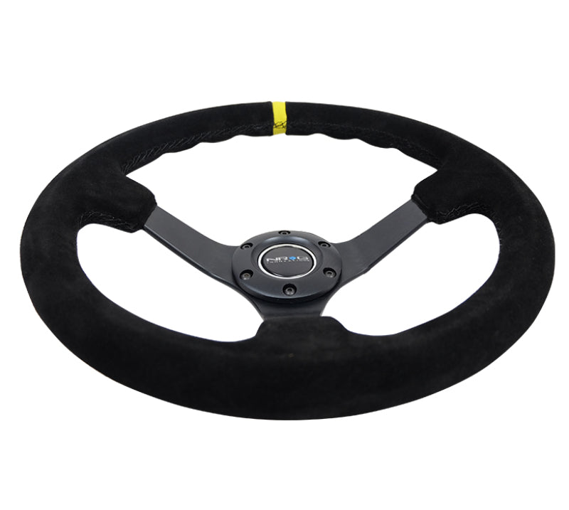 NRG Reinforced Steering Wheel (350mm / 3in. Deep) Blk Suede/X-Stitch w/5mm Blk Spoke & Yellow CM