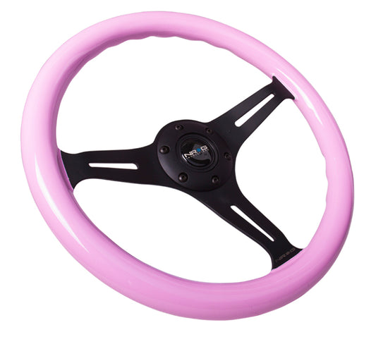 NRG Classic Wood Grain Steering Wheel (350mm) Solid Pink Painted Grip w/Black 3-Spoke Center