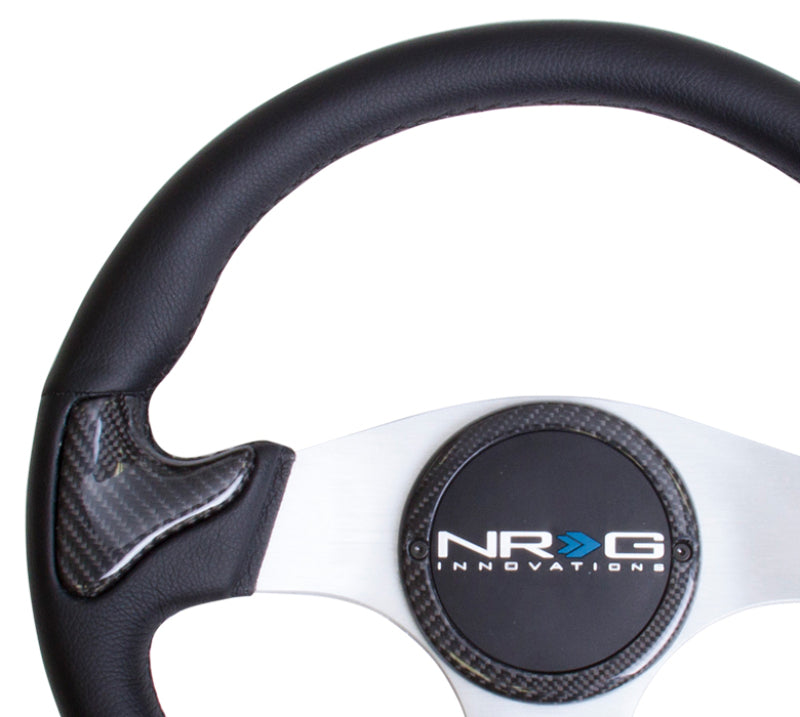 NRG Carbon Fiber Steering Wheel (350mm) Silver Frame Blk Stitching w/Rubber Cover Horn Button