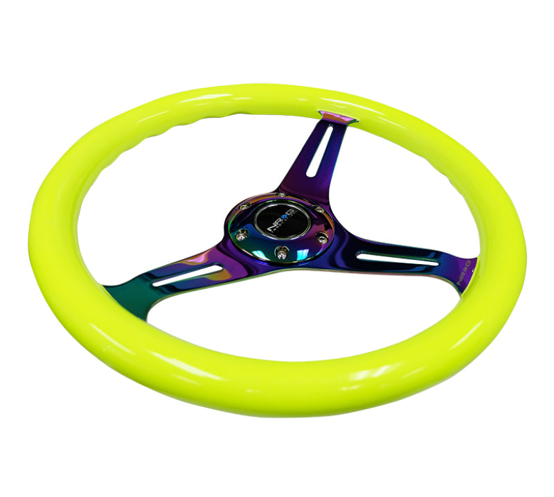 NRG Classic Wood Grain Steering Wheel (350mm) Neon Yellow Color w/Neochrome Spokes