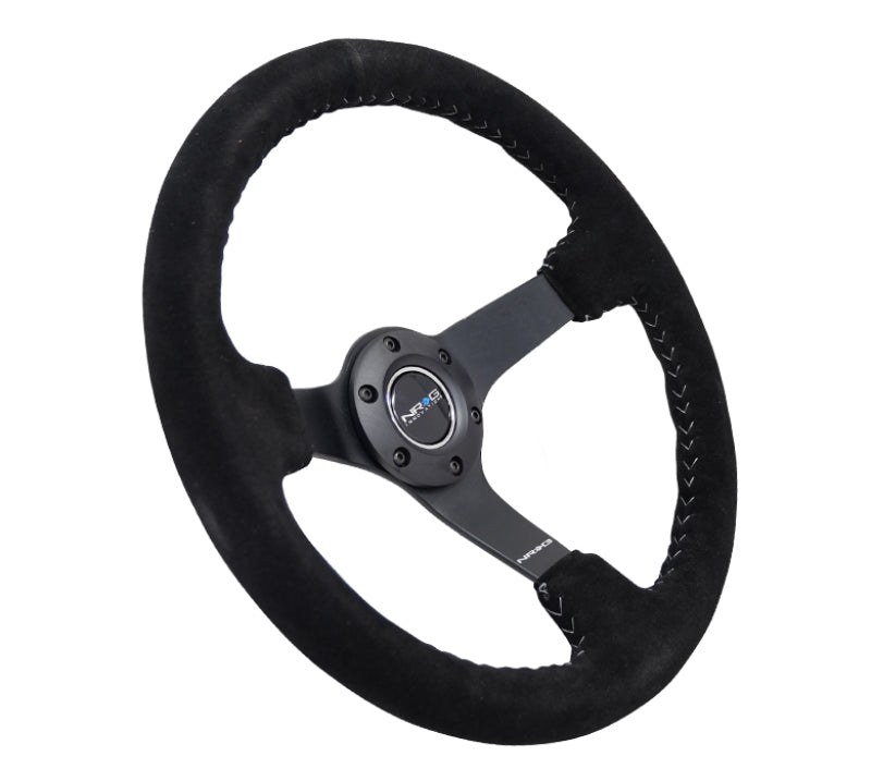 NRG Reinforced Steering Wheel (350mm / 3in. Deep) Blk Suede/Silver BBall Stitch w/5mm Mt. Blk Spokes