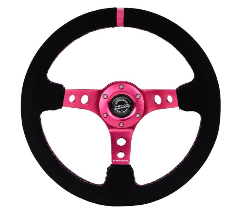 NRG Reinforced Steering Wheel (350mm/ 3in. Deep) Black Suede/ Fushia Center Mark/ Fushia Stitching