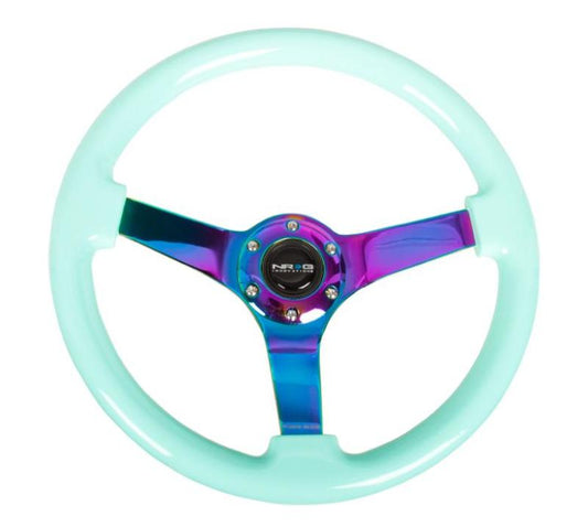 NRG Reinforc Steering Wheel (350mm / 3in. Deep) Minty Fresh Wood Grain w/Neochrome 3-Spoke Center