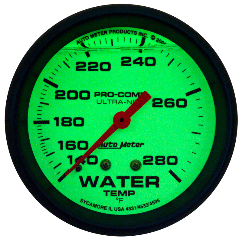 AutoMeter Gauge Wtemp 2-5/8in. 140-280 Deg. F Liq Filld Mech 4ft. Glow In Dark Ultra-Nite