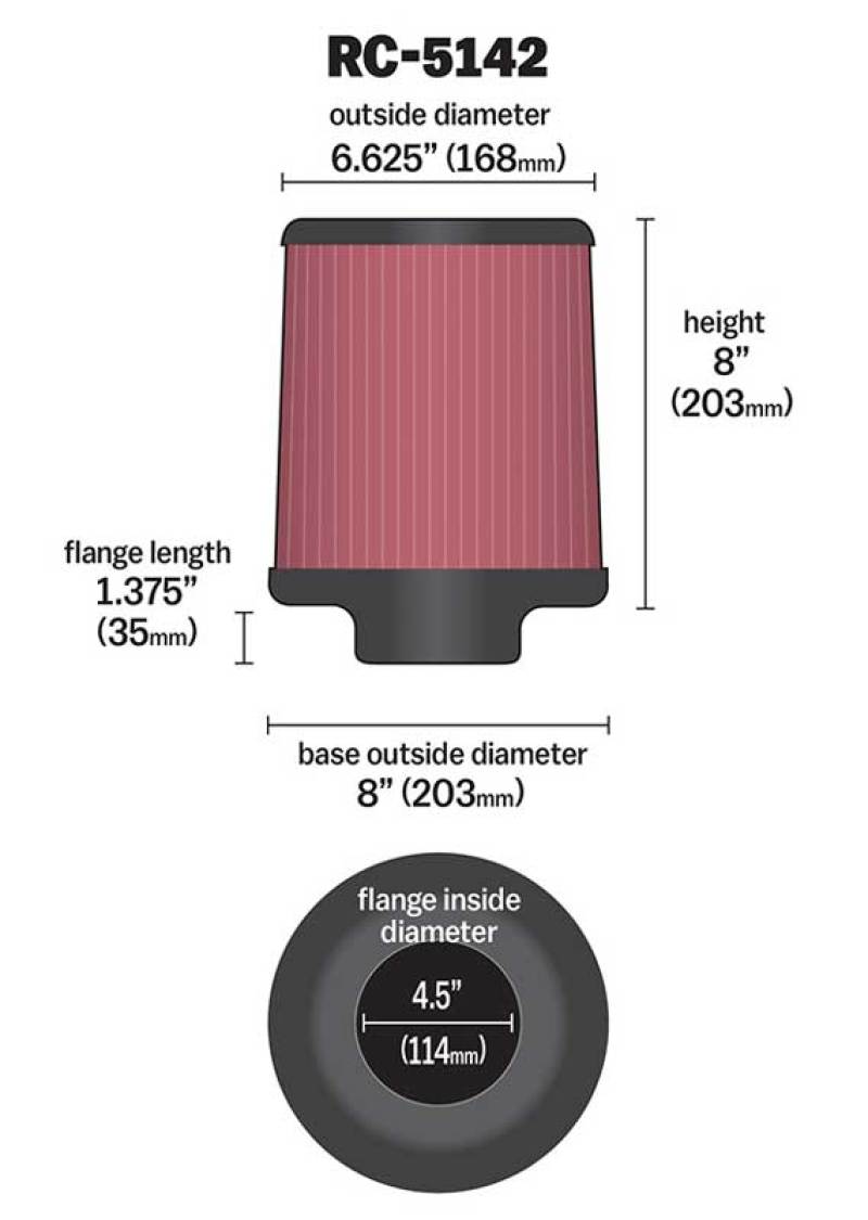 K&N Universal Clamp-On Air Filter inch FLG 4.5inch Base 4 inch Top 4-1/2in FLG 8in Base