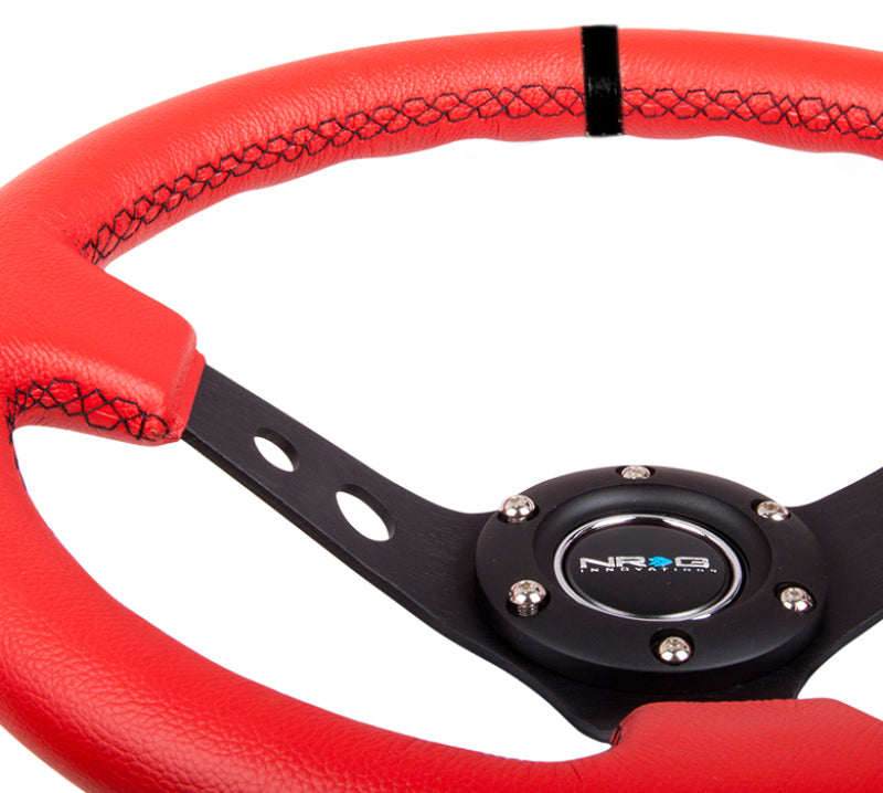 NRG Reinforced Steering Wheel (350mm / 3in. Deep) Red Suede w/Blk Circle Cutout Spokes