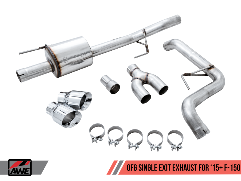 AWE Tuning 2015+ Ford F-150 0FG Single Exit Performance Exhaust System w/4.5in Chrome Silver Tips