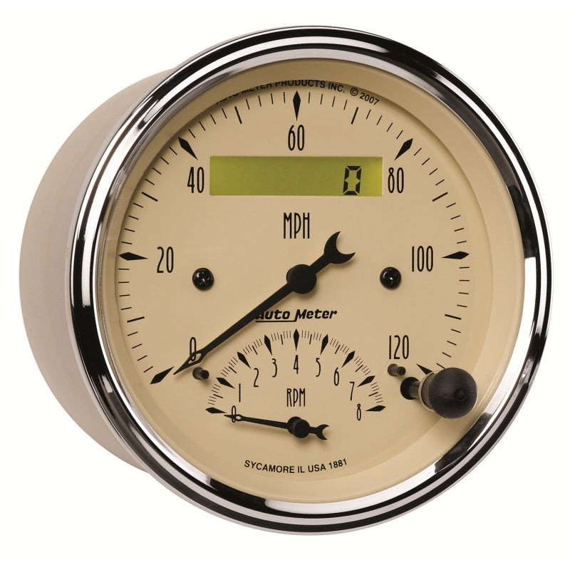 AutoMeter Gauge Tach/Speedo 3-3/8in. 120MPH & 8K RPM Elec. Program. Antq Beige