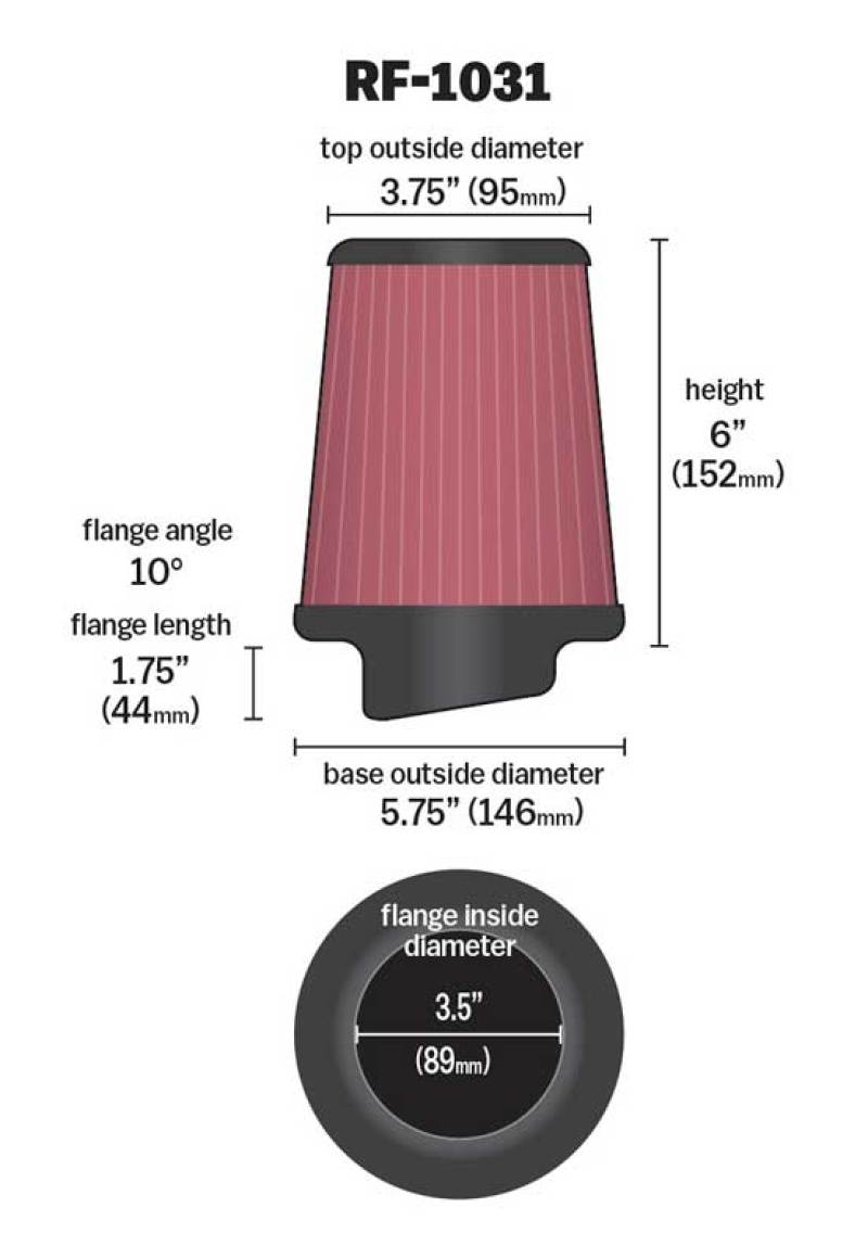 K&N Round Tapered Universal Air Filter 3.5in Flange ID / 5.75in Base OD / 3.75in Top OD / 6in H