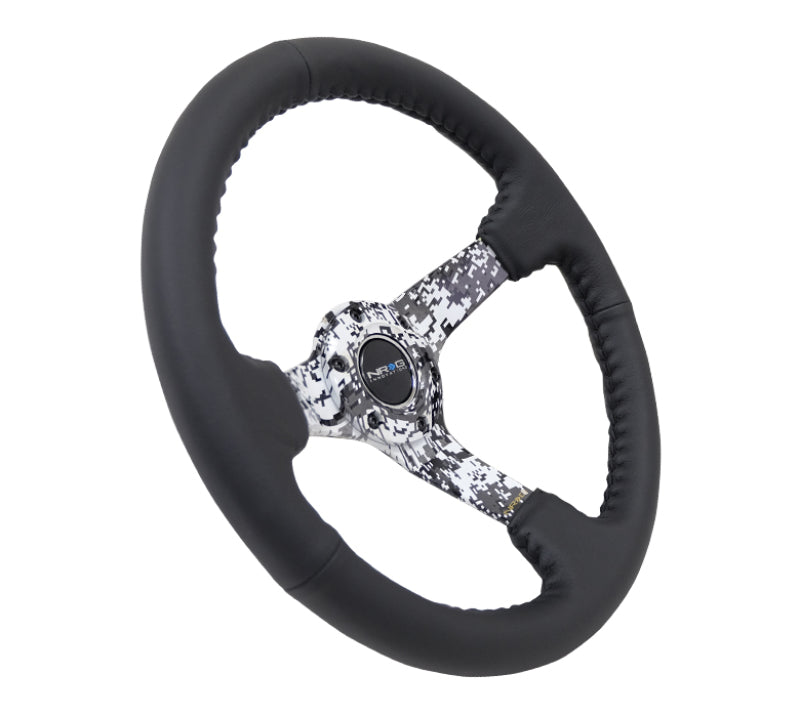 NRG Reinforced Steering Wheel (350mm / 3in. Deep) Blk Leather w/Hydrodipped Digi-Camo Spokes